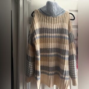 Forever 21 Striped Cowl Neck Sweater - Cream, Gray, Tan sz L